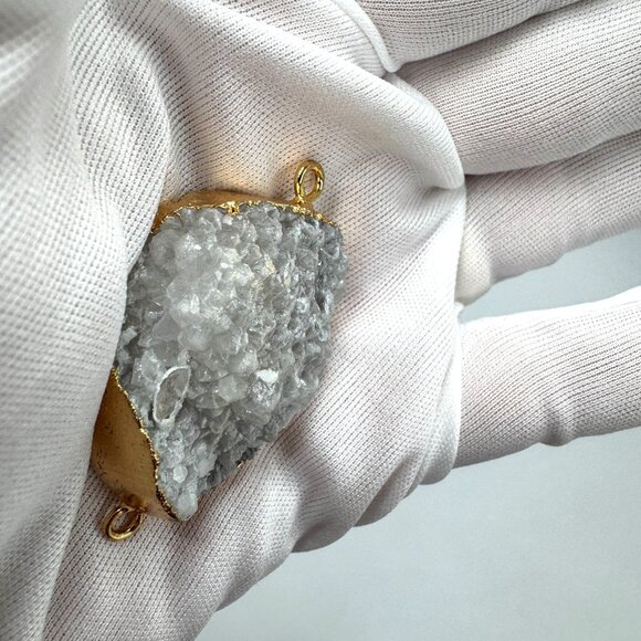 Smoke White Druzy Agate Geode Pendant 18K Gold Plated Boho Healing Crystal - Picture 10 of 16